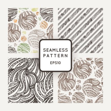 Set of vector seamless hand-drawn patterns of contour colored leaves in circles and lines