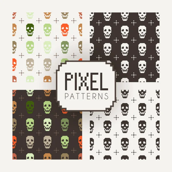 Set of vector seamless colorful and monochrome patterns of pixel skulls