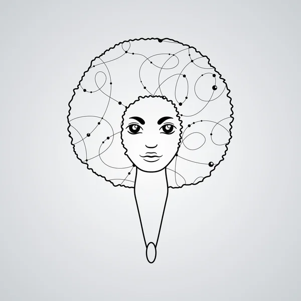 Retrato de una mujer con cabello exuberante al estilo de un africano. Vector. Los patrones en el cabello . — Vector de stock