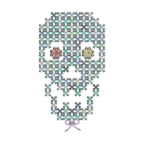 Vector illustration with the image of color knit, woven, embroidered skull. Macrame. — ストックベクタ