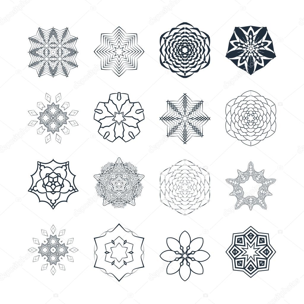 Vector set of abstract floral and circular patterns. Mandalas. Japanese emblems. Flowers. Seal.