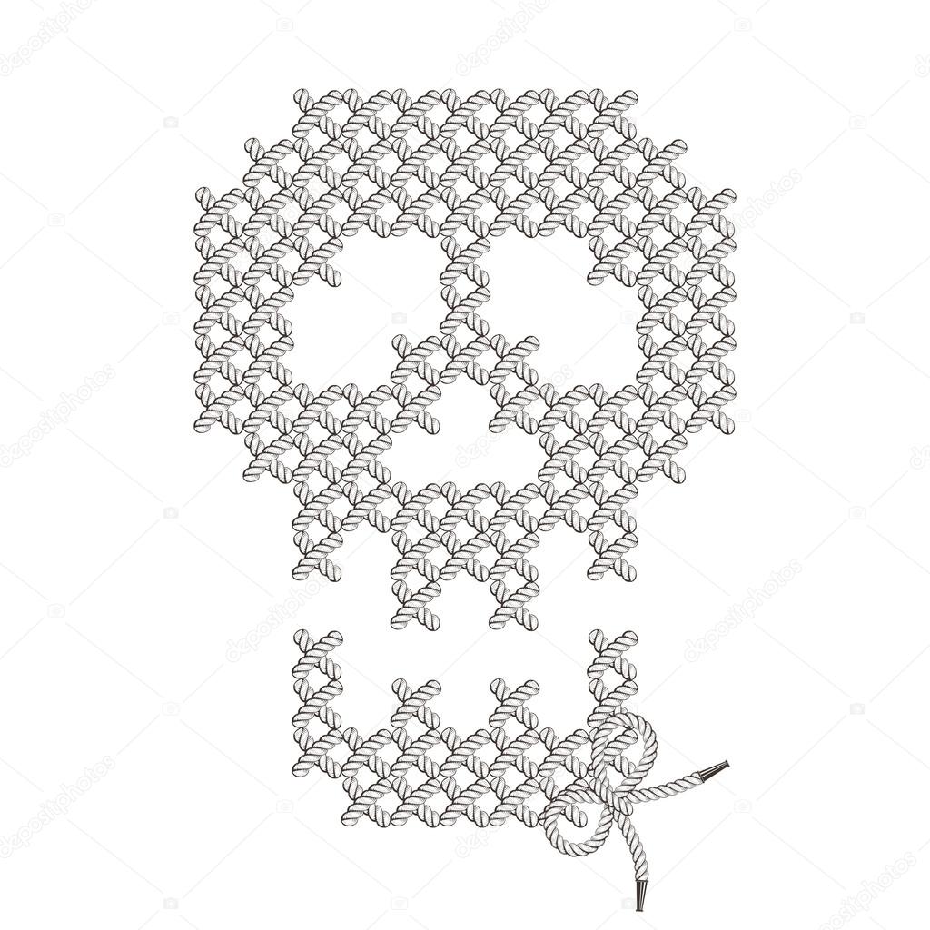 Vector illustration with the image of knit woven, embroidered skull. Macrame.