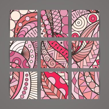 Vektör tasarım şablonları kümesi. Rastgele renkli stil broşürleri. Vintage çerçeve ve arka planlar.