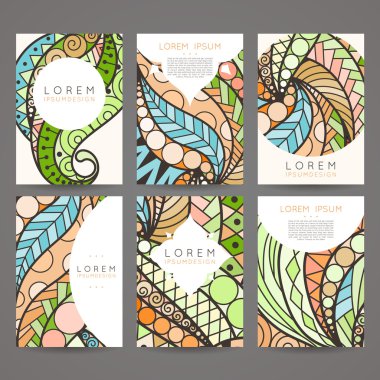 Vektör tasarım şablonları kümesi. Rastgele renkli stil broşürleri. Vintage çerçeve ve arka planlar.