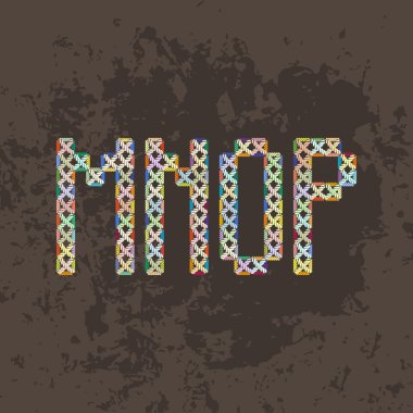 Set of four colorful knitted, embroidered or macrame capital letters of the Latin alphabet. M, N, O and P.
