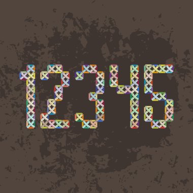 Set of five different colored knitted, embroidered or macrame Arabic numerals. 1, 2, 3, 4 and 5.