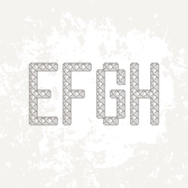 Latin alfabesinin dört örme, işlemeli veya makrame büyük harflerden oluşan bir set. E, F, G ve H.