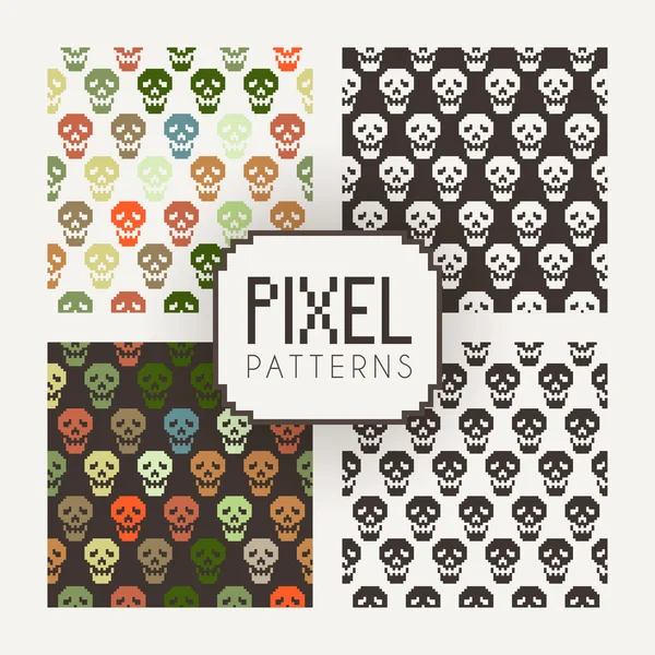 Set of vector seamless colorful and monochrome patterns of pixel skulls