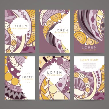 Vektör tasarım şablonları kümesi. Rastgele renkli stil broşürleri. Vintage çerçeve ve arka planlar.