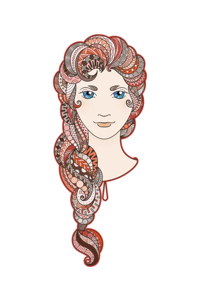 Beautiful girl with intricately patterned, zentangle braid and bright eyes. Vector portrait. — Stock Vector