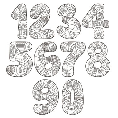 Zentangle sayı kümesi. Doodle sayılarla zentangle öğeleri koleksiyonu. Vektör çizim web tasarım, kitapçıklar, yazdırma kartları, tekstil t-shirtler, yazdırma öğelerini ve diğer için kullanılabilir.