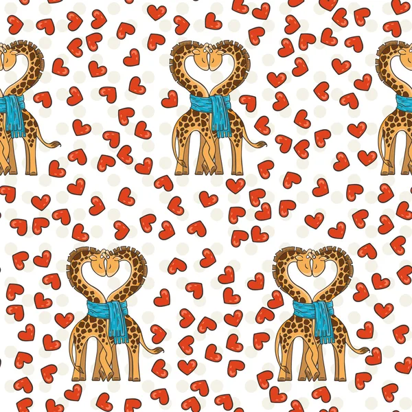 A pair of cute giraffes in love with a common scarf. Neck curved in the shape of heart. — Archivo Imágenes Vectoriales