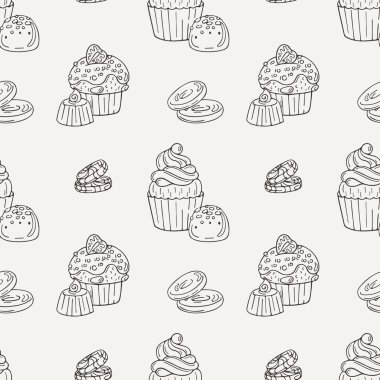 Vektör Muffins Seamless modeli. Kek, tatlılar.