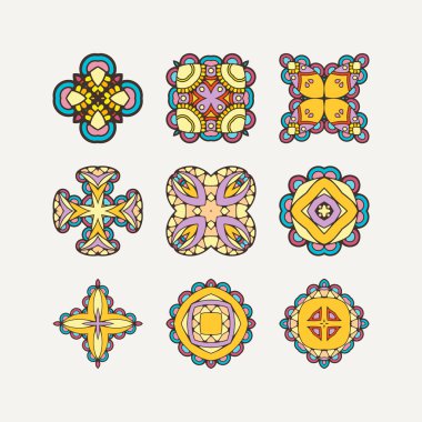 Süslü vektör mandala simgeler kümesi. Mehndi dantel dövme. Keskin köşeleri ile oryantal örgü.