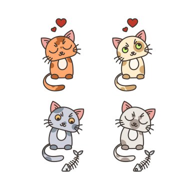 Şirin kedi karakter kümesi. Memnun beslenen yavru kedi. Dikkatli fishbone.