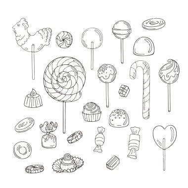 Şeker simgeler kümesi. Sır, karamel, şeker, lolipop, çikolata, domalan.
