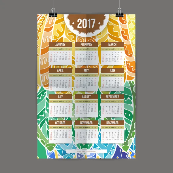 Calendário colorido Zentangle 2017 pintado à mão no estilo de padrões florais e doodle . — Vetor de Stock