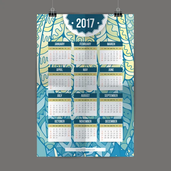 Zentangle colorido calendario 2017 pintado a mano en el estilo de los patrones florales y garabatos . — Vector de stock