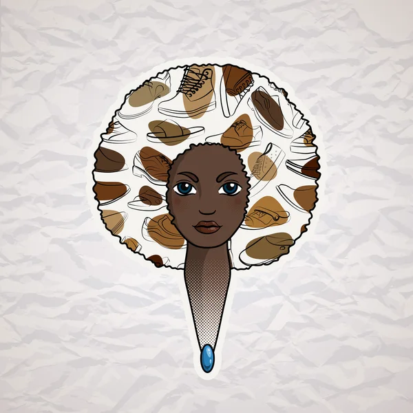 Portrait of a woman with luxuriant hair in the style of an African. Vector. Shoe pattern. - Stok Vektor