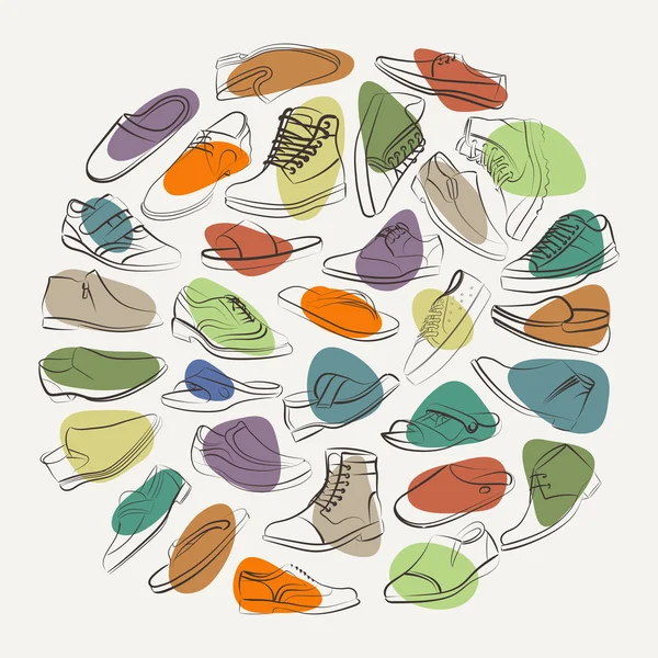 Elegante colagem de mens sapatos e botas em uma manchas coloridas. — Vetor de Stock