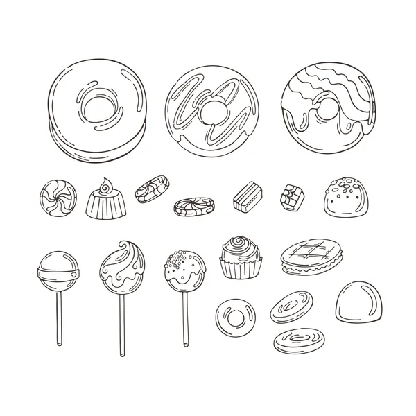 Set mit Süßigkeiten und Muffins-Symbolen. Kuchen, Süßigkeiten, Lutscher, Schleifen. — Stockvektor