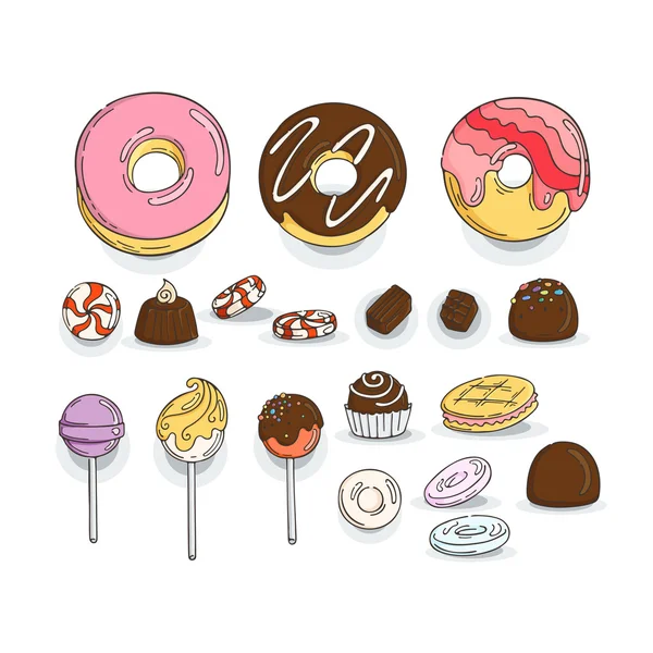 사탕과 머핀 아이콘의 집합입니다. 케이크, 과자, 막대 사탕, 활. — 스톡 벡터