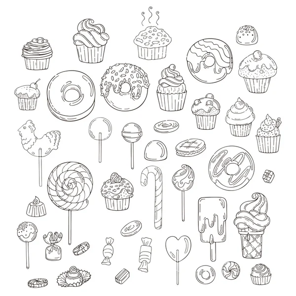 Şeker ve kek simgeler kümesi. Kek, şekerleme, lolipop, yay.
