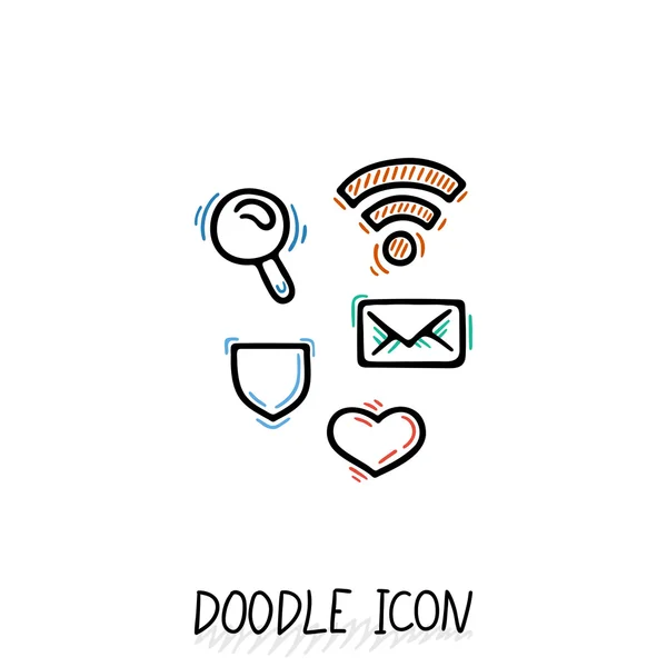 Set of doodle social icons. Search, wifi, protection, love, mail. — Stock Vector