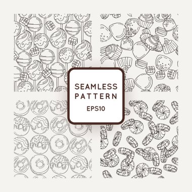 Vektör şeker, yay ve Donuts sorunsuz desenleri kümesi. Tatlı parti doku.