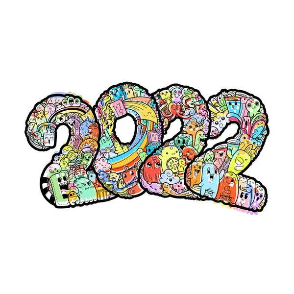 New Year 2022 Monster Doodle Date Ornate Holiday Symbol Vector — Stock Vector