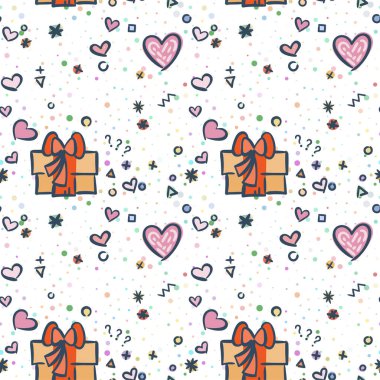 Sevimli hediye kutusu, hediyeler, kalpler ve aşkla el çizimi romantik desenler. Noktalar ve daha fazlası. Vektör illüstrasyon arkaplanı