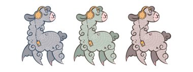 Set of cute curly llamas in headphones with a music player in a different colors. Illustration for coloring pages, children prints and publications