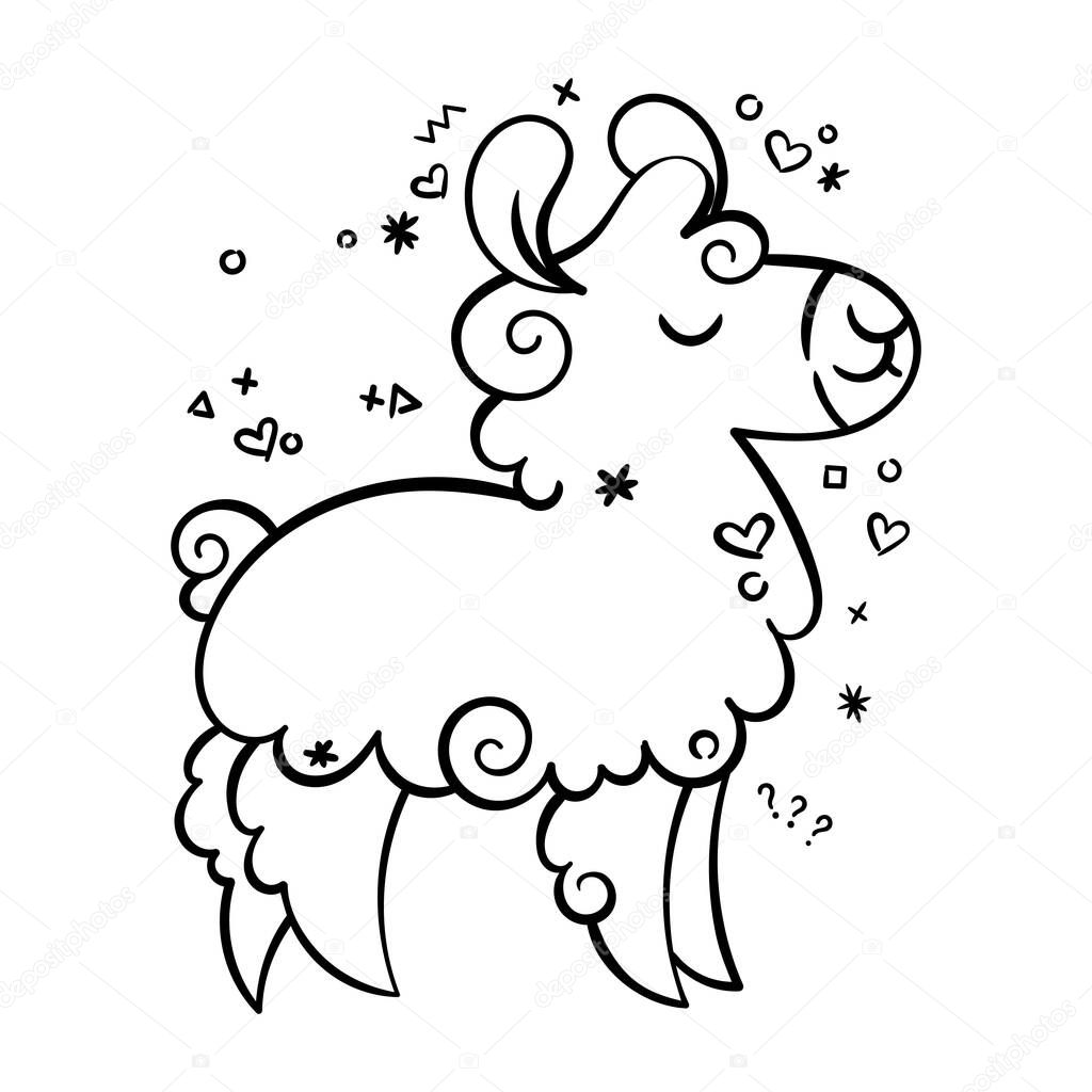 Cute curly llama. Vector illustration for coloring pages, children prints and publications