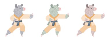 Kimono giymiş, kung fu yapan kıvırcık saçlı alpakalar. Renkli sayfalar için farklı renklerde resimler, çocuklar ve yetişkinler için baskılar, spor, sağlıklı yaşam tarzı