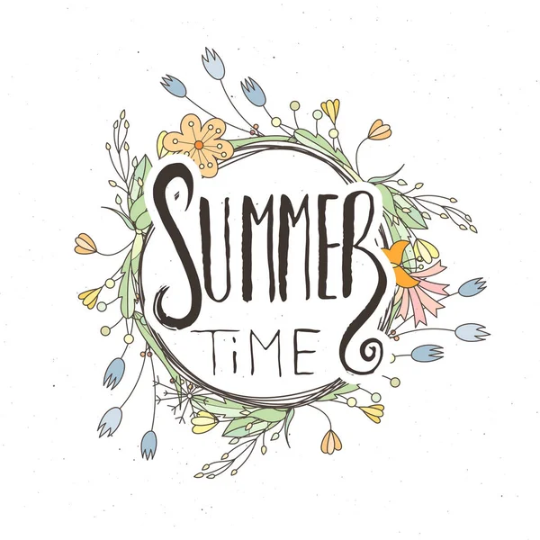 Summer Time Hand Lettering Grunge Card Flower Background Handcrafted Doodle — Stock Vector