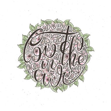 Havada aşk kokusu var. Çiçek arkaplanlı homurdanma kartı. El yapımı karalama harfleri eski usul. El çizimi vintage vektör tipografi çizimi