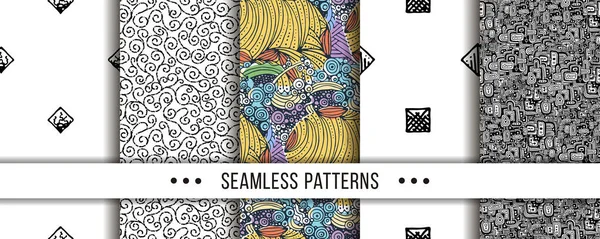 Set Seamless Patterns Hand Drawn Elements Texture Abstraction Illustration Black — Stock Vector