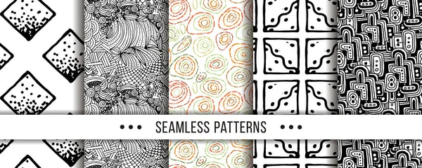 Set Seamless Patterns Hand Drawn Elements Texture Abstraction Illustration Black — Stock Vector