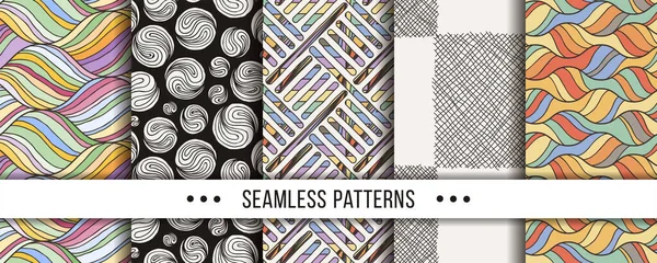 Set of seamless boho patterns with hand-drawn elements texture, abstraction illustration of black silhouette on white background — Vetor de Stock