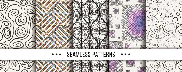 Set of seamless boho patterns with hand-drawn elements texture, abstraction illustration of black silhouette on white background — Vetor de Stock