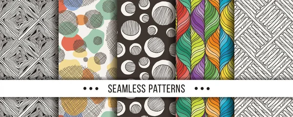 Set of seamless boho patterns with hand-drawn elements texture, abstraction illustration of black silhouette on white background — Stockvector