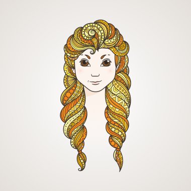 Örgüler ve sert bir göz ile şirin bir uzun saçlı kız portresi