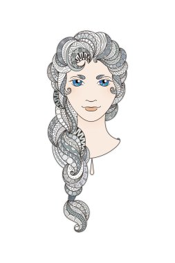 Güzel kızla girift desenli, zentangle örgü ve parlak gözleri.