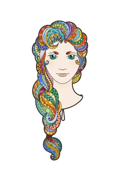 Beautiful girl with intricately patterned, zentangle braid and bright eyes. Vector portrait. — Stock Vector