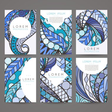 Vektör tasarım şablonları kümesi. Rastgele renkli stil broşürleri. Vintage çerçeve ve arka planlar.