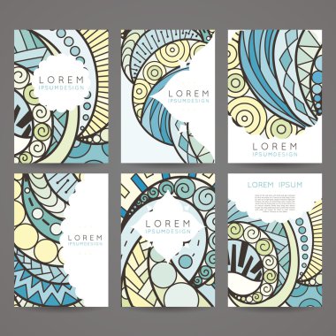Vektör tasarım şablonları kümesi. Rastgele renkli stil broşürleri. Vintage çerçeve ve arka planlar.