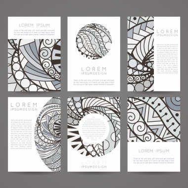 Vektör tasarım şablonları kümesi. Rastgele renkli stil broşürleri. Vintage çerçeve ve arka planlar.