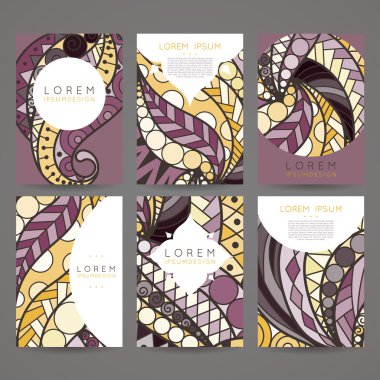 Vektör tasarım şablonları kümesi. Rastgele renkli stil broşürleri. Vintage çerçeve ve arka planlar.