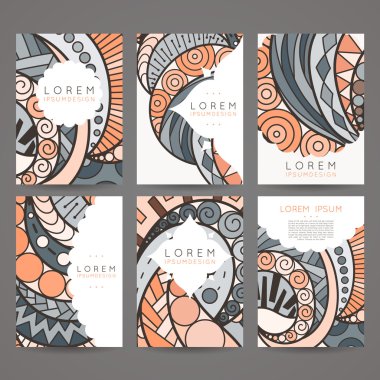 Vektör tasarım şablonları kümesi. Rastgele renkli stil broşürleri. Vintage çerçeve ve arka planlar.