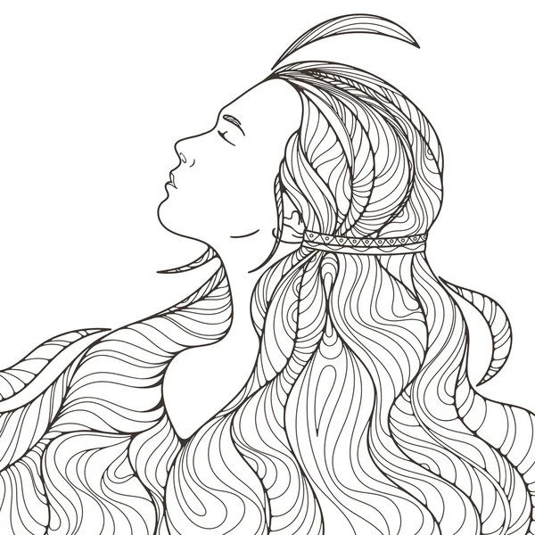 Perfil de uma menina bonita com cabelo comprido intrincadamente ondulado. Preto e branco . — Fotografia de Stock